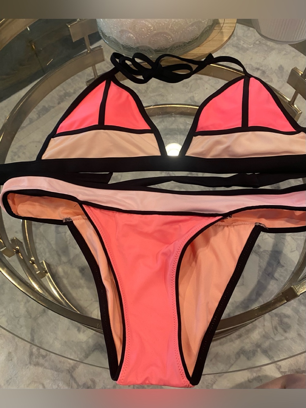 Victoria’s Secret and Xhilaration Neon Coral Two-Piece Bikini Black Trim Large